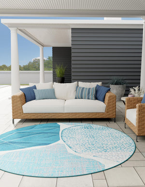 Blue and Ivory 10' x 10' Outdoor Modern Round Area Rug Weather Resistant for Patio, Deck, Terrace, Balcony, Porch 100% Polypropylene Modern Outside Carpet for Sale at Rug Engine