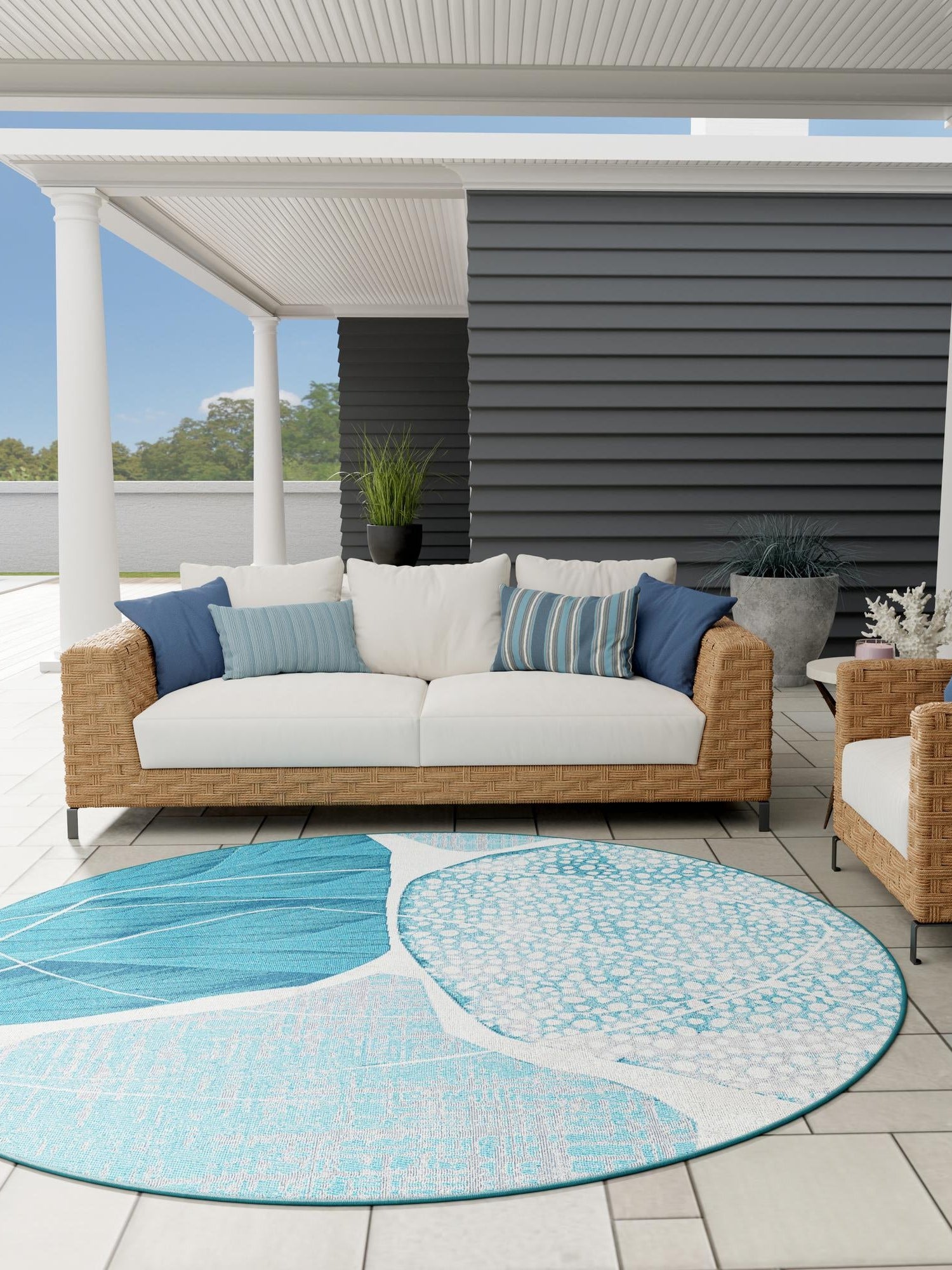 Blue and Ivory 5' 3 x 5' 3 Outdoor Modern Round Area Rug Weather Resistant for Patio, Deck, Terrace, Balcony, Porch 100% Polypropylene Modern Outside Carpet for Sale at Rug Engine