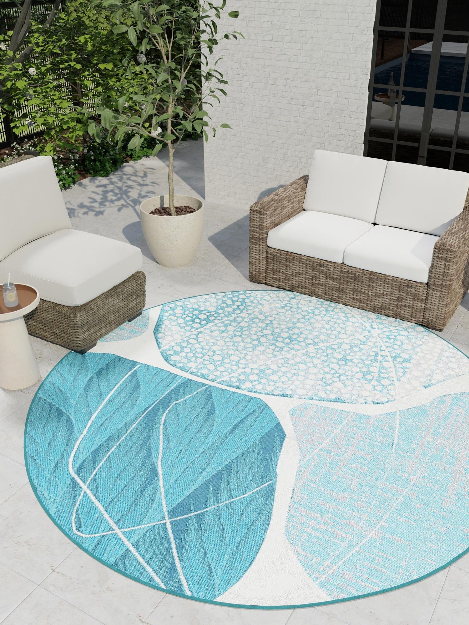 Blue and Ivory 7' 10 x 7' 10 Outdoor Modern Round Area Rug Weather Resistant for Patio, Deck, Terrace, Balcony, Porch 100% Polypropylene Modern Outside Carpet for Sale at Rug Engine