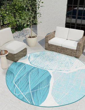 Blue and Ivory 3' 3 x 3' 3 Outdoor Modern Round Area Rug Weather Resistant for Patio, Deck, Terrace, Balcony, Porch 100% Polypropylene Modern Outside Carpet for Sale at Rug Engine