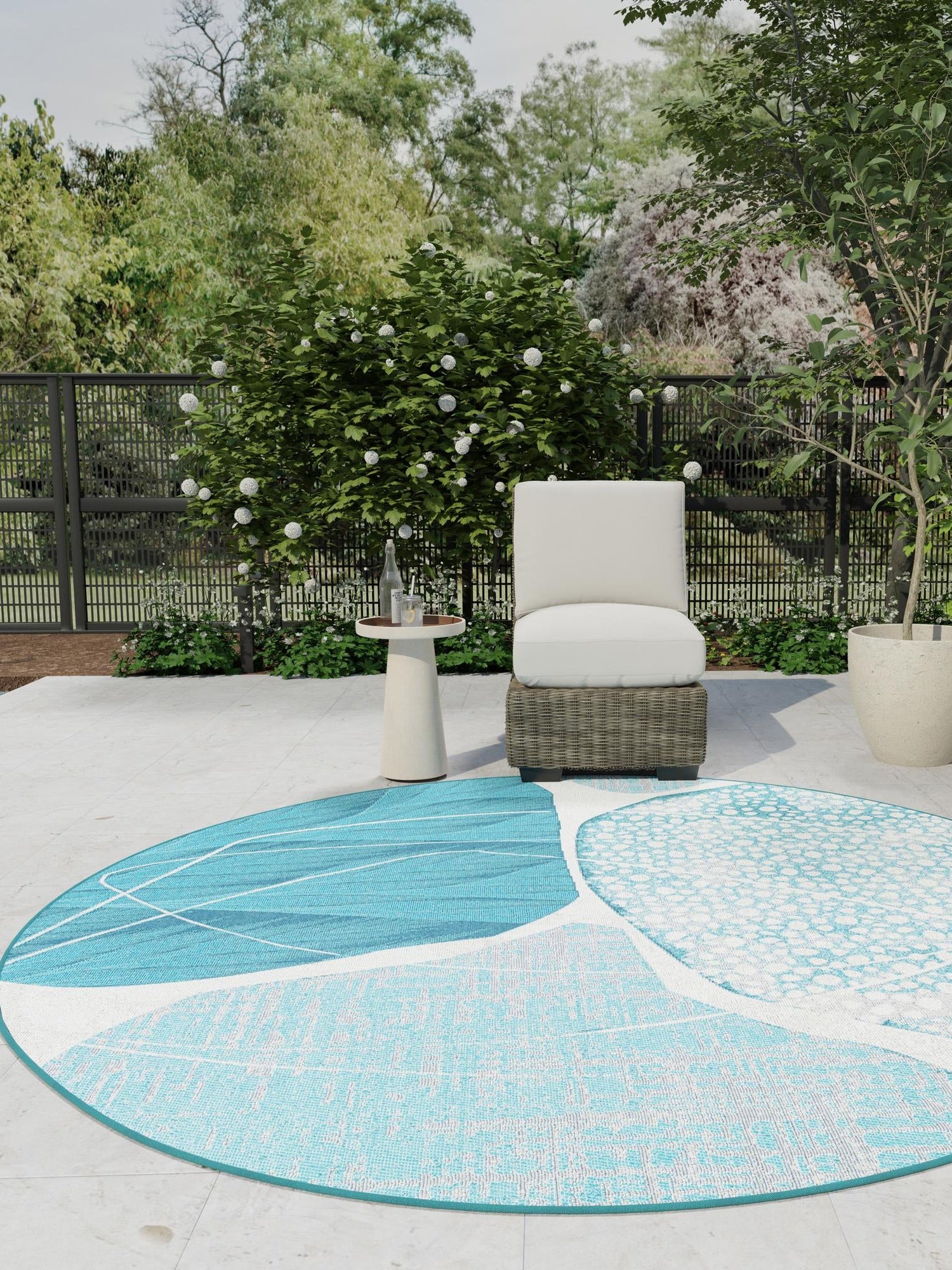 Blue and Ivory 7' 10 x 7' 10 Outdoor Modern Round Area Rug Weather Resistant for Patio, Deck, Terrace, Balcony, Porch 100% Polypropylene Modern Outside Carpet for Sale at Rug Engine