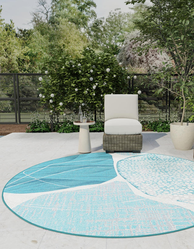 Blue and Ivory 5' 3 x 5' 3 Outdoor Modern Round Area Rug Weather Resistant for Patio, Deck, Terrace, Balcony, Porch 100% Polypropylene Modern Outside Carpet for Sale at Rug Engine