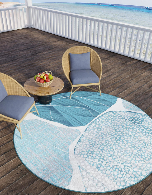 Blue and Ivory 10' x 10' Outdoor Modern Round Area Rug Weather Resistant for Patio, Deck, Terrace, Balcony, Porch 100% Polypropylene Modern Outside Carpet for Sale at Rug Engine