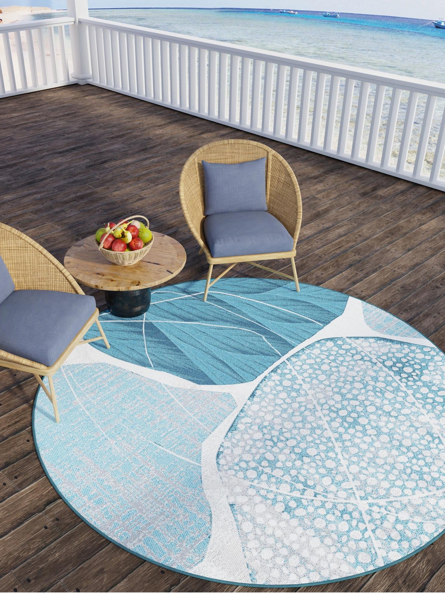 Blue and Ivory 7' 10 x 7' 10 Outdoor Modern Round Area Rug Weather Resistant for Patio, Deck, Terrace, Balcony, Porch 100% Polypropylene Modern Outside Carpet for Sale at Rug Engine