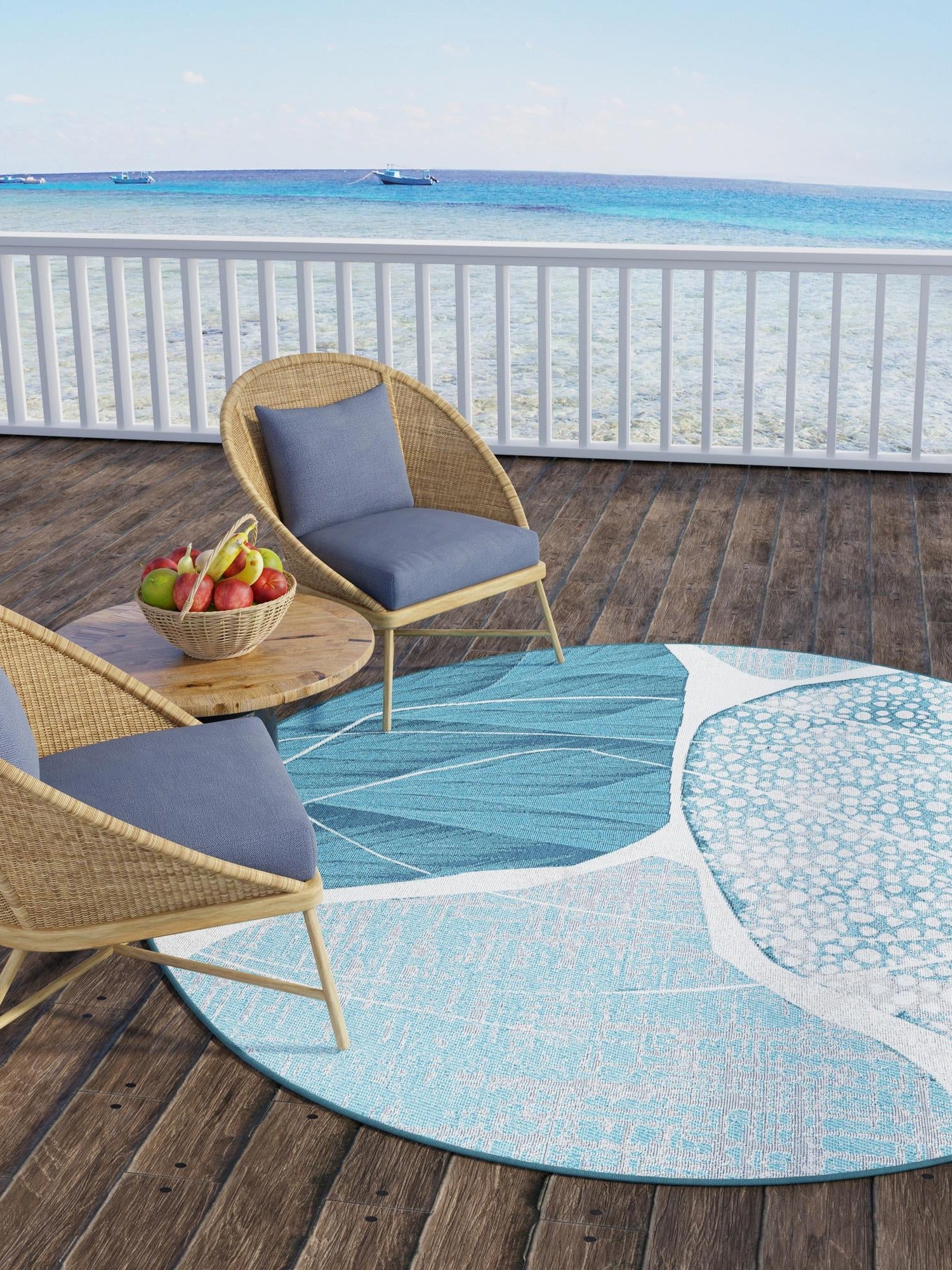 Blue and Ivory 7' 10 x 7' 10 Outdoor Modern Round Area Rug Weather Resistant for Patio, Deck, Terrace, Balcony, Porch 100% Polypropylene Modern Outside Carpet for Sale at Rug Engine