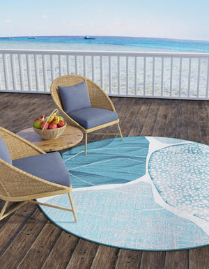 Blue and Ivory 6' 1 x 6' 1 Outdoor Modern Round Area Rug Weather Resistant for Patio, Deck, Terrace, Balcony, Porch 100% Polypropylene Modern Outside Carpet for Sale at Rug Engine
