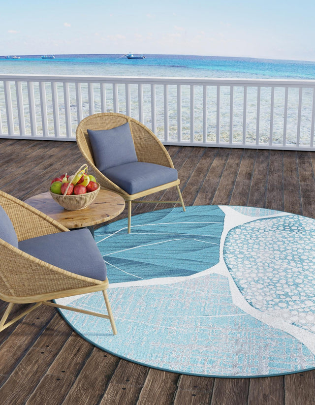 Blue and Ivory 5' 3 x 5' 3 Outdoor Modern Round Area Rug Weather Resistant for Patio, Deck, Terrace, Balcony, Porch 100% Polypropylene Modern Outside Carpet for Sale at Rug Engine