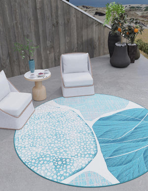 Blue and Ivory 10' x 10' Outdoor Modern Round Area Rug Weather Resistant for Patio, Deck, Terrace, Balcony, Porch 100% Polypropylene Modern Outside Carpet for Sale at Rug Engine