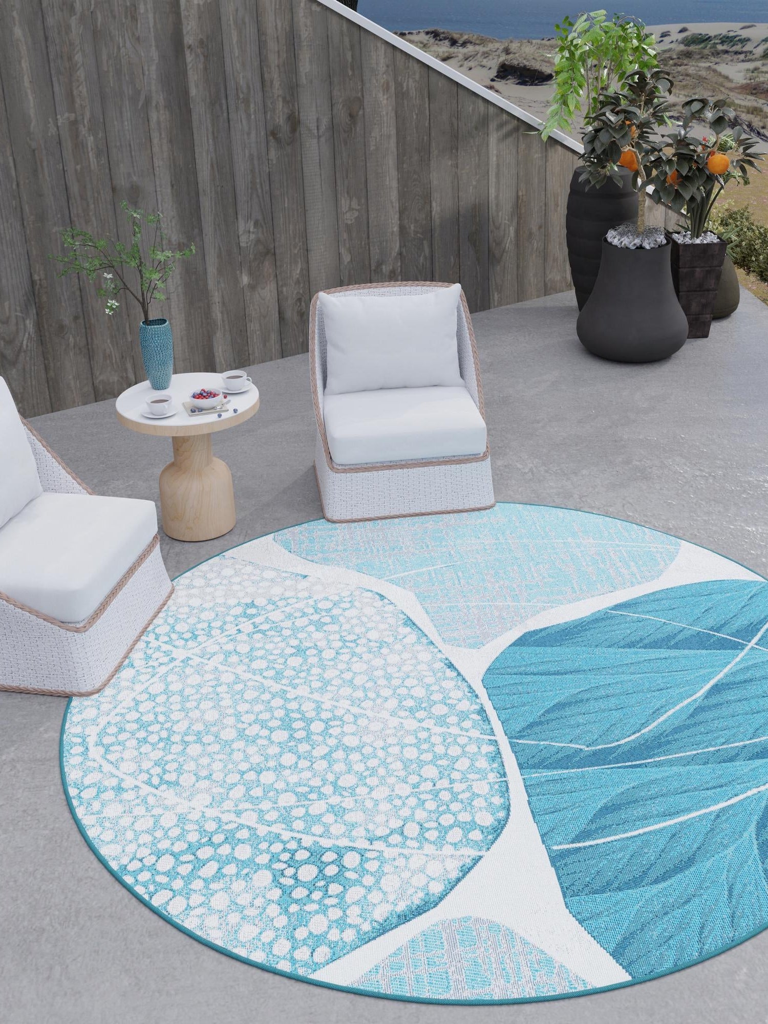 Blue and Ivory 7' 10 x 7' 10 Outdoor Modern Round Area Rug Weather Resistant for Patio, Deck, Terrace, Balcony, Porch 100% Polypropylene Modern Outside Carpet for Sale at Rug Engine