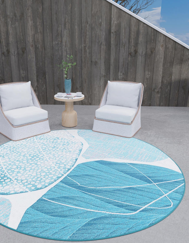Blue and Ivory 10' x 10' Outdoor Modern Round Area Rug Weather Resistant for Patio, Deck, Terrace, Balcony, Porch 100% Polypropylene Modern Outside Carpet for Sale at Rug Engine