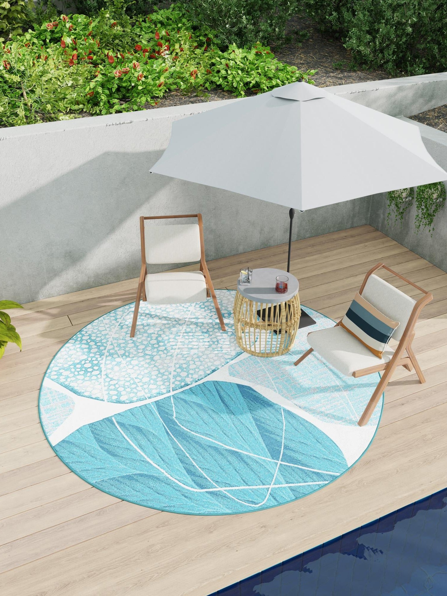 Blue and Ivory 5' 3 x 5' 3 Outdoor Modern Round Area Rug Weather Resistant for Patio, Deck, Terrace, Balcony, Porch 100% Polypropylene Modern Outside Carpet for Sale at Rug Engine
