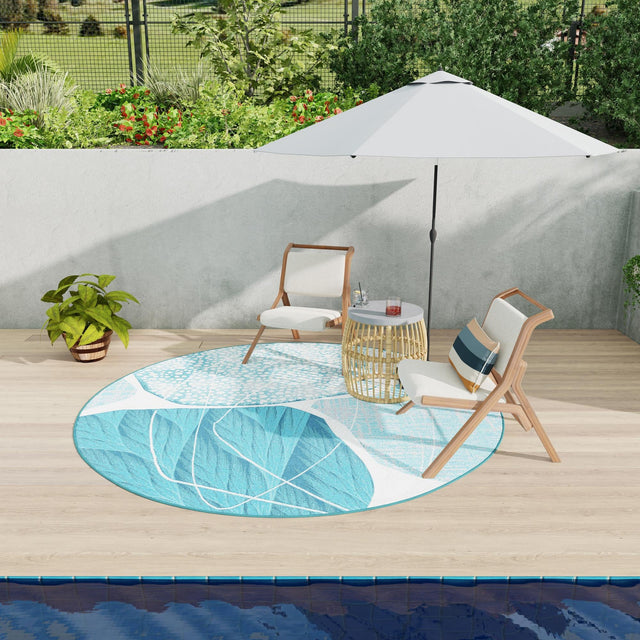 Blue and Ivory 10' x 10' Outdoor Modern Round Area Rug Weather Resistant for Patio, Deck, Terrace, Balcony, Porch 100% Polypropylene Modern Outside Carpet for Sale at Rug Engine