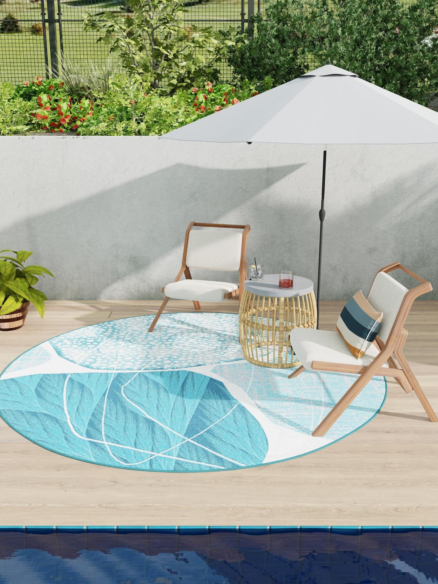 Blue and Ivory 5' 3 x 5' 3 Outdoor Modern Round Area Rug Weather Resistant for Patio, Deck, Terrace, Balcony, Porch 100% Polypropylene Modern Outside Carpet for Sale at Rug Engine