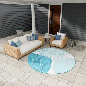 Blue and Ivory 10' x 10' Outdoor Modern Round Area Rug Weather Resistant for Patio, Deck, Terrace, Balcony, Porch 100% Polypropylene Modern Outside Carpet for Sale at Rug Engine