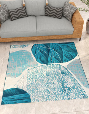 Blue and Ivory 10' x 10' Outdoor Modern Square Area Rug Weather Resistant for Patio, Deck, Terrace, Balcony, Porch 100% Polypropylene Modern Outside Carpet for Sale at Rug Engine