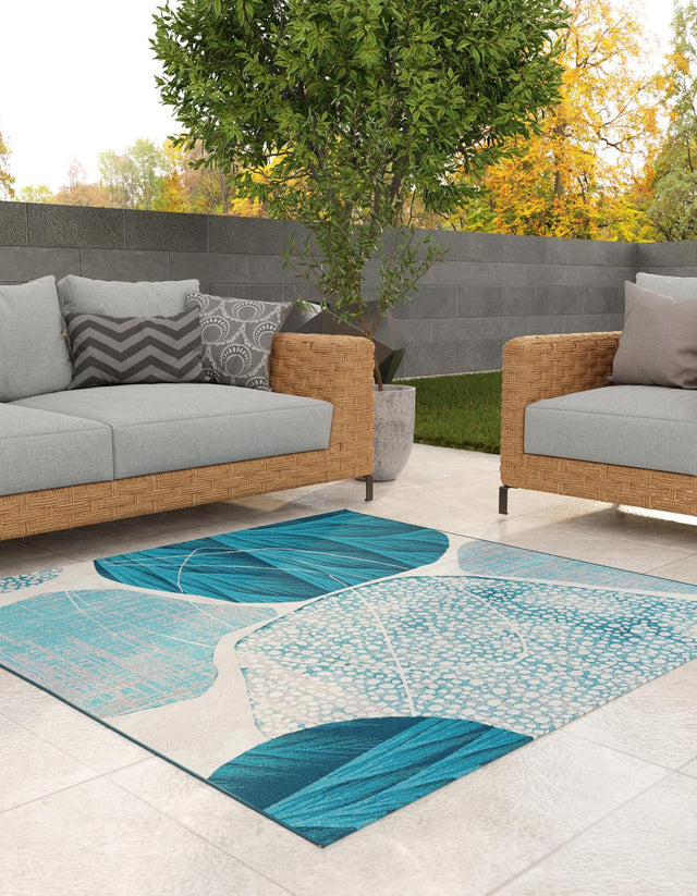 Blue and Ivory 7' 10 x 7' 10 Outdoor Modern Square Area Rug Weather Resistant for Patio, Deck, Terrace, Balcony, Porch 100% Polypropylene Modern Outside Carpet for Sale at Rug Engine