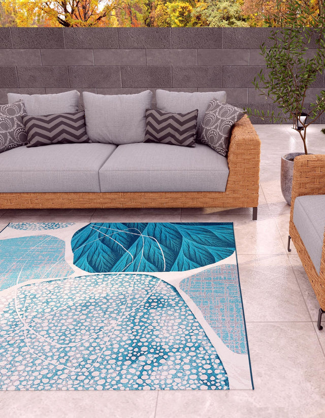 Blue and Ivory 10' x 10' Outdoor Modern Square Area Rug Weather Resistant for Patio, Deck, Terrace, Balcony, Porch 100% Polypropylene Modern Outside Carpet for Sale at Rug Engine