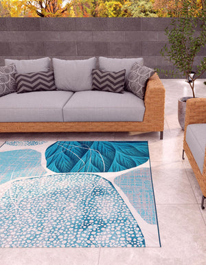 Blue and Ivory 7' 10 x 7' 10 Outdoor Modern Square Area Rug Weather Resistant for Patio, Deck, Terrace, Balcony, Porch 100% Polypropylene Modern Outside Carpet for Sale at Rug Engine