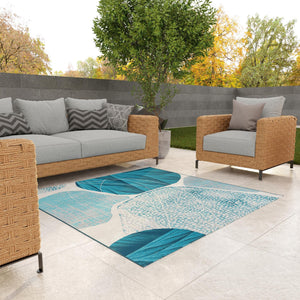 Blue and Ivory 10' x 10' Outdoor Modern Square Area Rug Weather Resistant for Patio, Deck, Terrace, Balcony, Porch 100% Polypropylene Modern Outside Carpet for Sale at Rug Engine