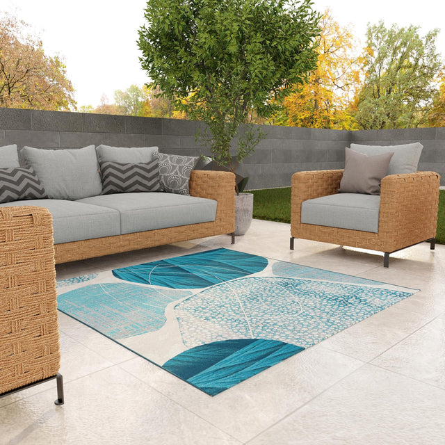 Blue and Ivory 10' x 10' Outdoor Modern Square Area Rug Weather Resistant for Patio, Deck, Terrace, Balcony, Porch 100% Polypropylene Modern Outside Carpet for Sale at Rug Engine
