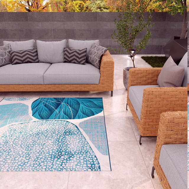 Blue and Ivory 10' x 10' Outdoor Modern Square Area Rug Weather Resistant for Patio, Deck, Terrace, Balcony, Porch 100% Polypropylene Modern Outside Carpet for Sale at Rug Engine
