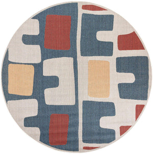 Ivory and Blue 10' x 10' Baja Outdoor Round Area Rug Weather Resistant for Patio, Deck, Terrace, Balcony, Porch 100% Polypropylene Modern Outside Decor for Sale at Rug Engine