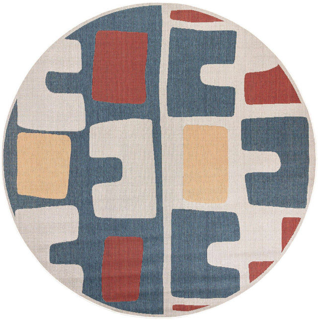Ivory and Blue 10' x 10' Baja Outdoor Round Area Rug Weather Resistant for Patio, Deck, Terrace, Balcony, Porch 100% Polypropylene Modern Outside Decor for Sale at Rug Engine