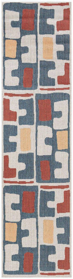 Ivory and Blue 2' 7 x 10' Baja Outdoor Runner Area Rug Weather Resistant for Patio, Deck, Terrace, Balcony, Porch 100% Polypropylene Modern Outside Decor for Sale at Rug Engine