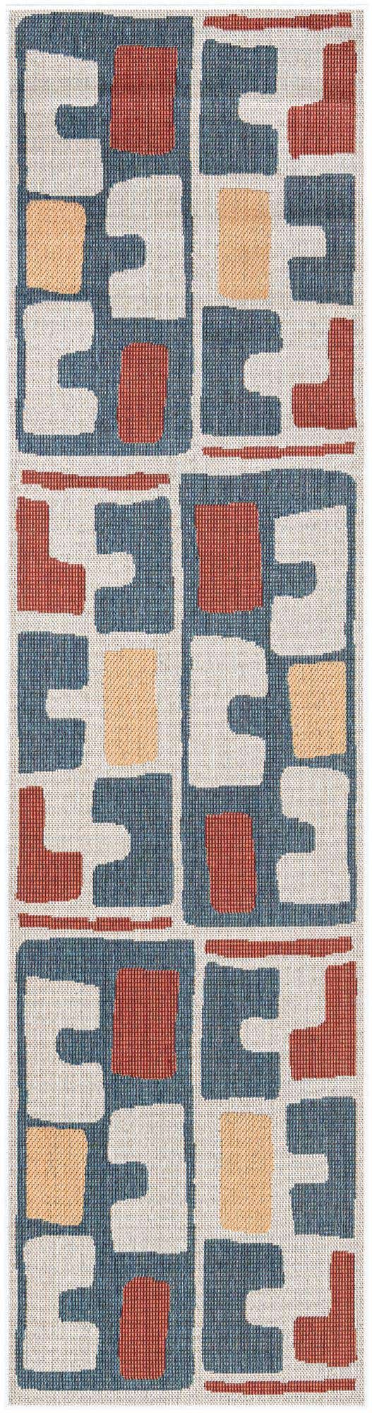Ivory and Blue 2' 7 x 10' Baja Outdoor Runner Area Rug Weather Resistant for Patio, Deck, Terrace, Balcony, Porch 100% Polypropylene Modern Outside Decor for Sale at Rug Engine