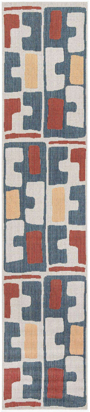 Ivory and Blue 2' 7 x 12' Baja Outdoor Runner Area Rug Weather Resistant for Patio, Deck, Terrace, Balcony, Porch 100% Polypropylene Modern Outside Decor for Sale at Rug Engine