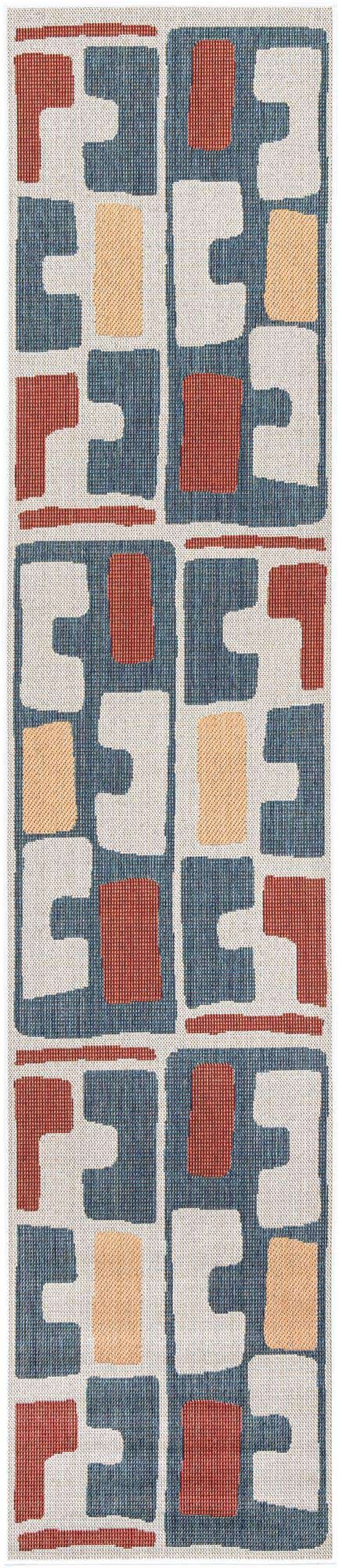 Ivory and Blue 2' 7 x 12' Baja Outdoor Runner Area Rug Weather Resistant for Patio, Deck, Terrace, Balcony, Porch 100% Polypropylene Modern Outside Decor for Sale at Rug Engine