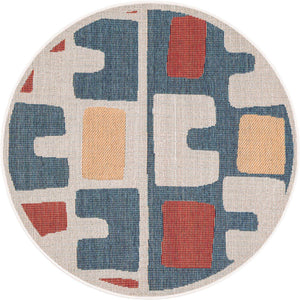 Ivory and Blue 4' 1 x 4' 1 Baja Outdoor Round Area Rug Weather Resistant for Patio, Deck, Terrace, Balcony, Porch 100% Polypropylene Modern Outside Decor for Sale at Rug Engine