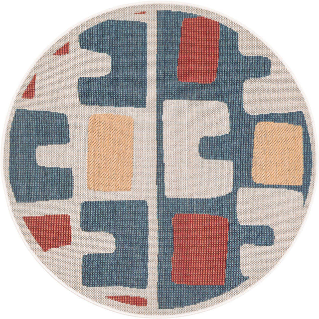 Ivory and Blue 4' 1 x 4' 1 Baja Outdoor Round Area Rug Weather Resistant for Patio, Deck, Terrace, Balcony, Porch 100% Polypropylene Modern Outside Decor for Sale at Rug Engine