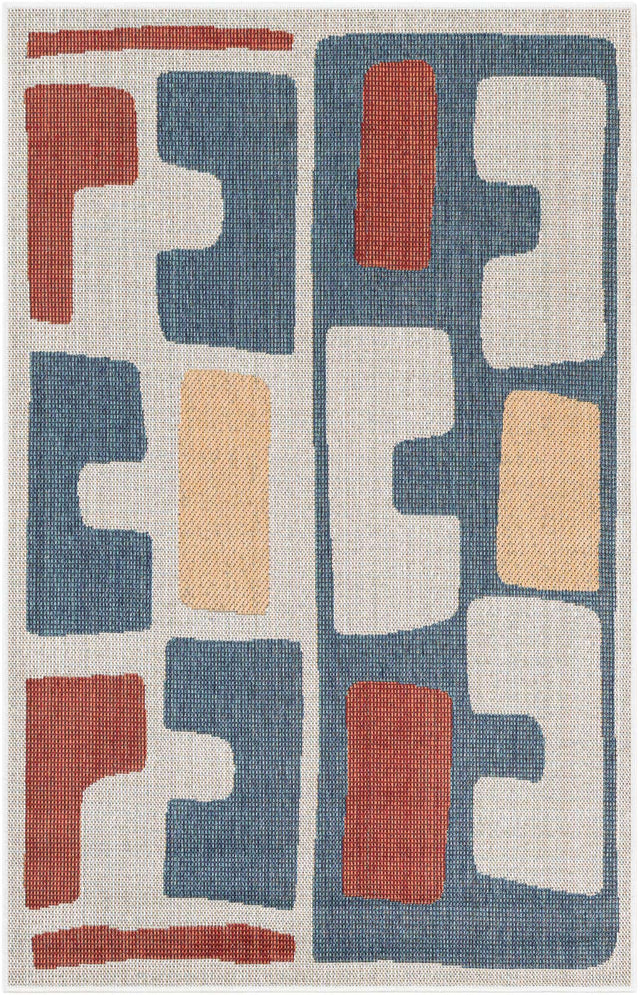 Ivory and Blue 4' 1 x 6' 1 Baja Outdoor Rectangle Area Rug Weather Resistant for Patio, Deck, Terrace, Balcony, Porch 100% Polypropylene Modern Outside Decor for Sale at Rug Engine