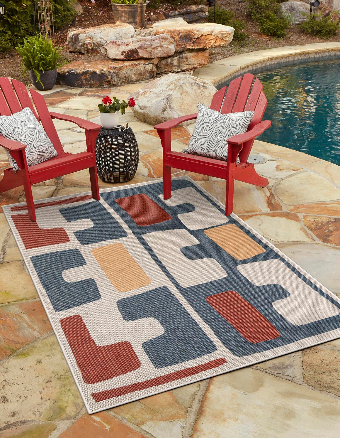 Ivory and Blue 6' 1 x 9' Baja Outdoor Rectangle Area Rug Weather Resistant for Patio, Deck, Terrace, Balcony, Porch 100% Polypropylene Modern Outside Decor for Sale at Rug Engine