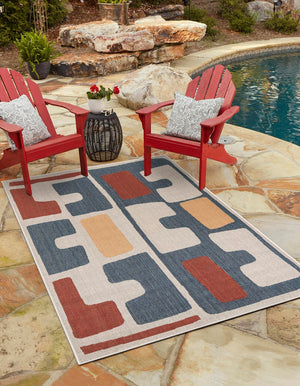 Ivory and Blue 6' 1 x 9' Baja Outdoor Rectangle Area Rug Weather Resistant for Patio, Deck, Terrace, Balcony, Porch 100% Polypropylene Modern Outside Decor for Sale at Rug Engine