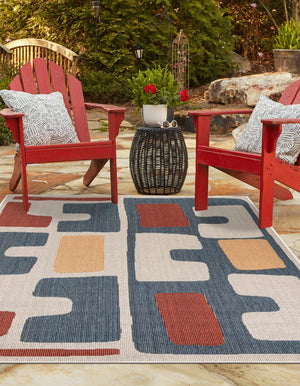Ivory and Blue 6' 1 x 9' Baja Outdoor Rectangle Area Rug Weather Resistant for Patio, Deck, Terrace, Balcony, Porch 100% Polypropylene Modern Outside Decor for Sale at Rug Engine