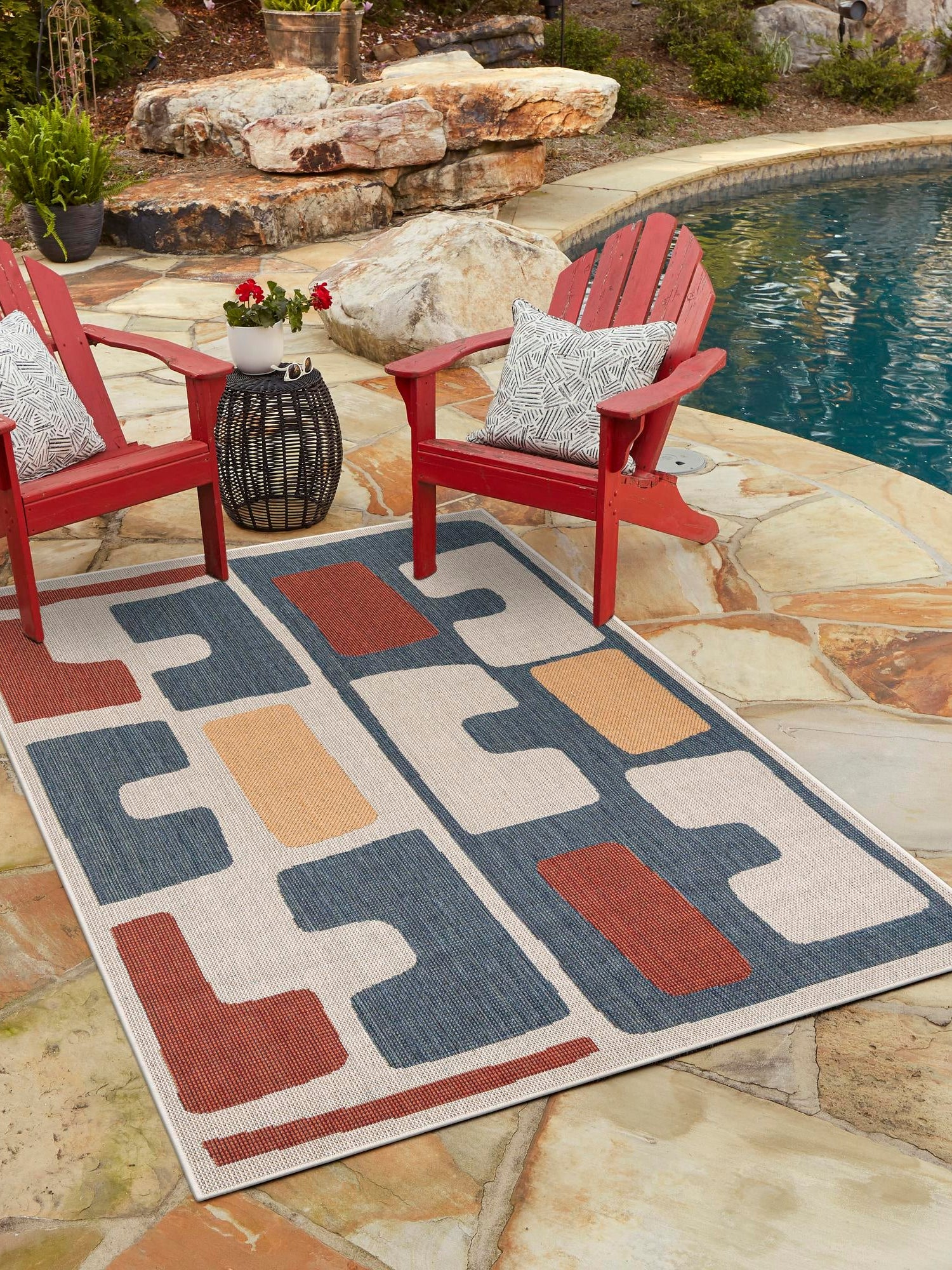 Ivory and Blue 6' 1 x 9' Baja Outdoor Rectangle Area Rug Weather Resistant for Patio, Deck, Terrace, Balcony, Porch 100% Polypropylene Modern Outside Decor for Sale at Rug Engine