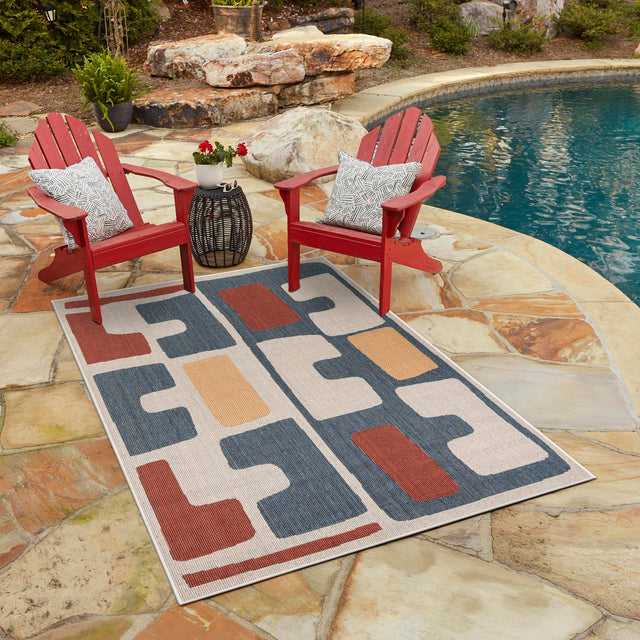 Ivory and Blue 7' 10 x 10' Baja Outdoor Rectangle Area Rug Weather Resistant for Patio, Deck, Terrace, Balcony, Porch 100% Polypropylene Modern Outside Decor for Sale at Rug Engine