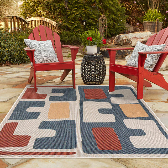 Ivory and Blue 9' x 12' Baja Outdoor Rectangle Area Rug Weather Resistant for Patio, Deck, Terrace, Balcony, Porch 100% Polypropylene Modern Outside Decor for Sale at Rug Engine