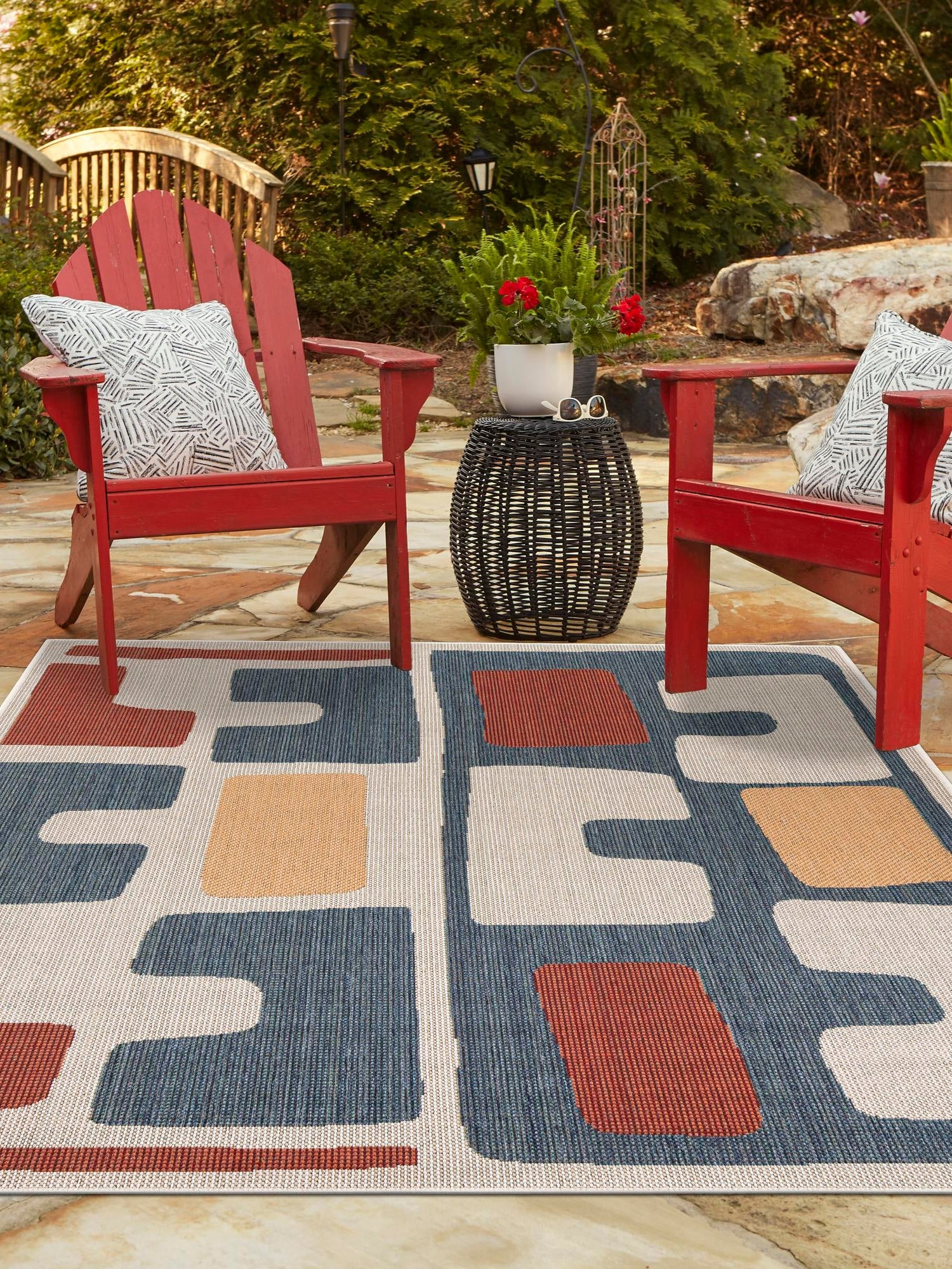 Ivory and Blue 7' 10 x 10' Baja Outdoor Rectangle Area Rug Weather Resistant for Patio, Deck, Terrace, Balcony, Porch 100% Polypropylene Modern Outside Decor for Sale at Rug Engine