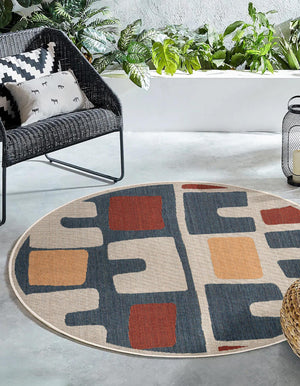 Ivory and Blue 4' 1 x 4' 1 Baja Outdoor Round Area Rug Weather Resistant for Patio, Deck, Terrace, Balcony, Porch 100% Polypropylene Modern Outside Decor for Sale at Rug Engine