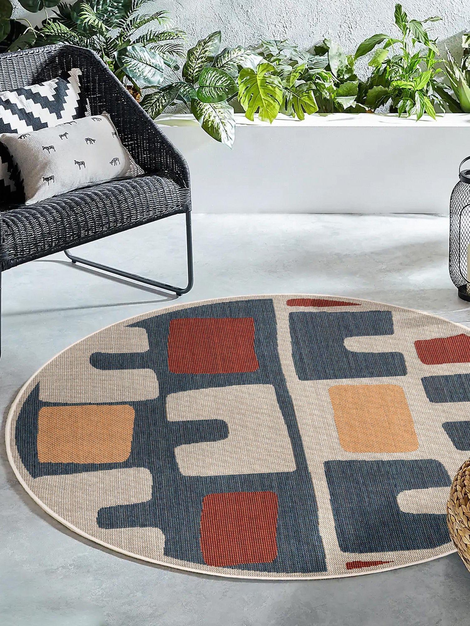 Ivory and Blue 6' 1 x 6' 1 Baja Outdoor Round Area Rug Weather Resistant for Patio, Deck, Terrace, Balcony, Porch 100% Polypropylene Modern Outside Decor for Sale at Rug Engine
