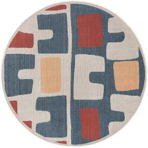 Ivory and Blue 6' 1 x 6' 1 Baja Outdoor Round Area Rug Weather Resistant for Patio, Deck, Terrace, Balcony, Porch 100% Polypropylene Modern Outside Decor for Sale at Rug Engine