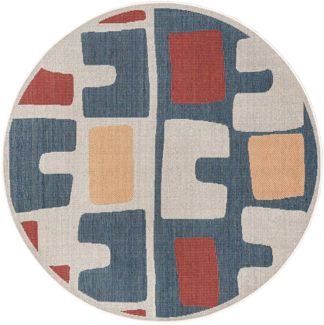 Ivory and Blue 6' 1 x 6' 1 Baja Outdoor Round Area Rug Weather Resistant for Patio, Deck, Terrace, Balcony, Porch 100% Polypropylene Modern Outside Decor for Sale at Rug Engine