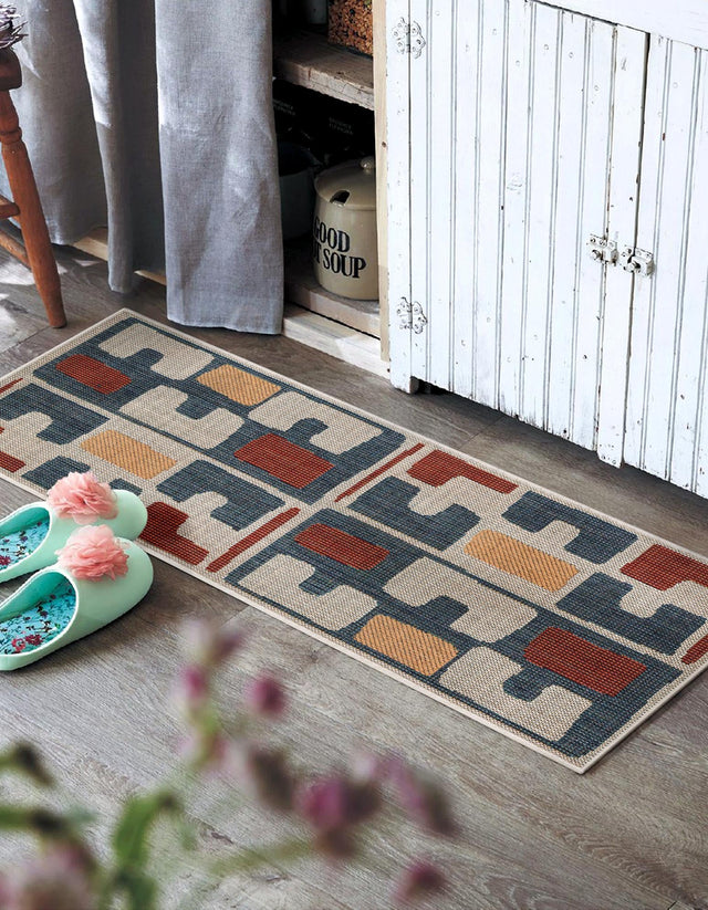 Ivory and Blue 2' 7 x 10' Baja Outdoor Runner Area Rug Weather Resistant for Patio, Deck, Terrace, Balcony, Porch 100% Polypropylene Modern Outside Decor for Sale at Rug Engine
