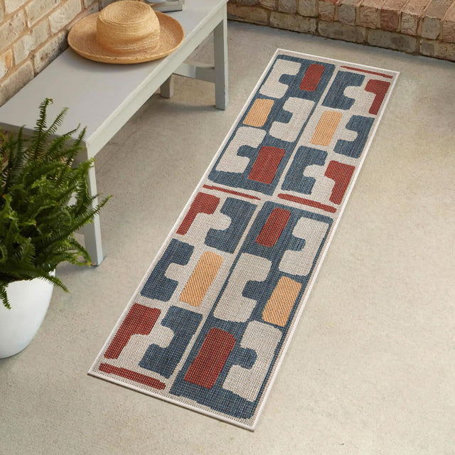 Ivory and Blue 2' x 8' Baja Outdoor Runner Area Rug Weather Resistant for Patio, Deck, Terrace, Balcony, Porch 100% Polypropylene Modern Outside Decor for Sale at Rug Engine