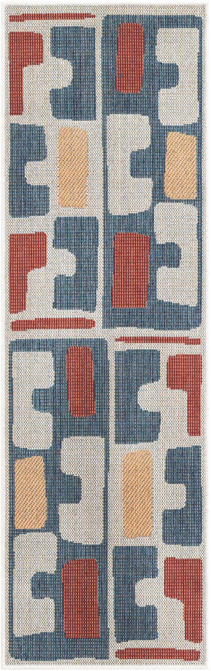 Ivory and Blue 2' x 6' 1 Baja Outdoor Runner Area Rug Weather Resistant for Patio, Deck, Terrace, Balcony, Porch 100% Polypropylene Modern Outside Decor for Sale at Rug Engine