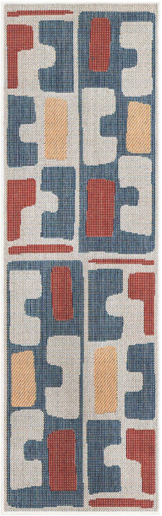 Ivory and Blue 2' x 6' 1 Baja Outdoor Runner Area Rug Weather Resistant for Patio, Deck, Terrace, Balcony, Porch 100% Polypropylene Modern Outside Decor for Sale at Rug Engine