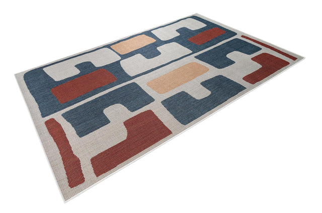 Ivory and Blue 6' 1 x 9' Baja Outdoor Rectangle Area Rug Weather Resistant for Patio, Deck, Terrace, Balcony, Porch 100% Polypropylene Modern Outside Decor for Sale at Rug Engine